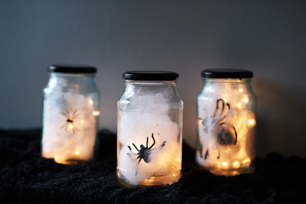 Halloween Decoration in Form of Glass Jars with Spiders